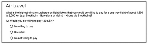 Figure 2. Example for WTP elicitation question. This is translated from the original survey which was conducted in Swedish.