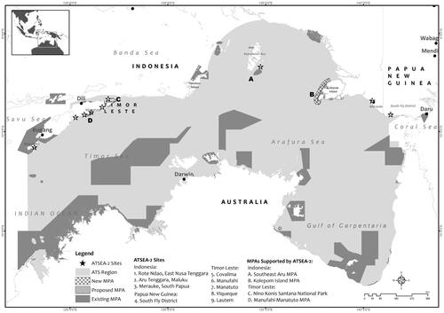 Figure 1. Map of ATS region, including ATSEA-2 field sites in 3 countries and MPAs in 2 sites.
