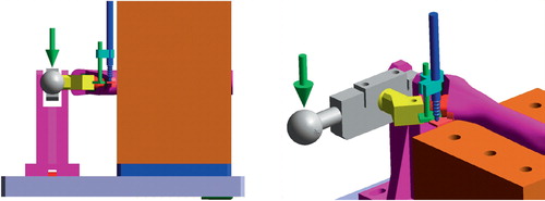 Figure 1. The LVDTs were fixed to the most medial aspect of the medial calcar and the most medial surface of the implant (left). The upper part of the holder is removed. Rotational load was applied to the specimen in internal rotation (arrow;right).