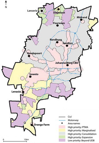 Figure 2. Spatial identification of investment categories for Joburg, 2012. © City of Johannesburg Municipality. Reproduced by permission of City of Johannesburg Municipality. Permission to reuse must be obtained from the rightsholder.