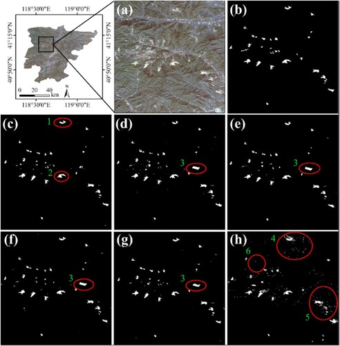 Figure 8. The extraction visualization results on a large-scale area. (a) VHR image, (b) Ground truth, (c) PSVED, (d) MsanlfNet, (e) LANet, (f) DeepLabv3+, (g) U-Net, (h) MLC.