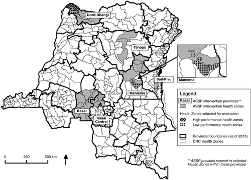 Figure 1. Map of the health zones in the DRC, showing the six included in this study.