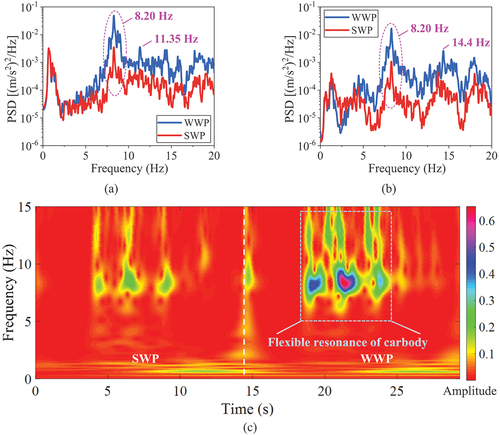 Figure 22. Middle floor acceleration: (a) PSD of vertical acceleration; (b) PSD of lateral acceleration; (c) CWT of vertical acceleration under SWP and WWP condition.