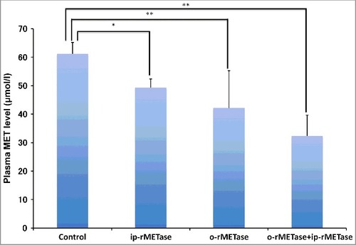 Figure 3. Effect of ip-rMETase and o-rMETase on plasma rMETase levels. Bar graphs show plasma MET levels in each group at post-treatment. ##p < 0.01, #p < 0.05. Error bars: ± SD.