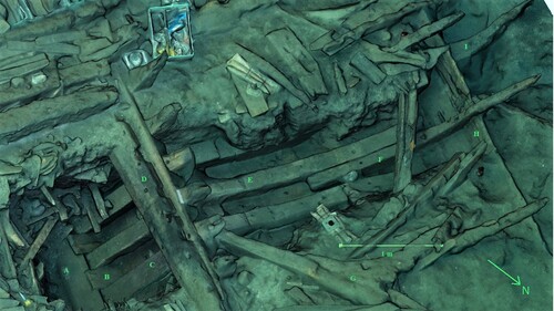 Figure 19. 3D digital model of the 2019 trench showing the starboard side and the collapsed hull. Labels refer to the text. (Detail from 3D photo plan by Paola Derudas and Brett Seymour, The Gripshund Project).