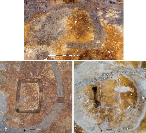 Fig 5 Excavation photographs. (a) Remnants of the U-shaped wall trench belonging to G18 mortuary house (photograph taken 2020). (b) G13 mortuary house with emptied wall trench and entrance (aerial photograph from 2019). (b) G9 mortuary house within ring ditch (aerial photograph from 2020). Photographs by Ole Husby (a) Kristoffer R. Rantala (b) and Raymond Sauvage (c), © NTNU University Museum.
