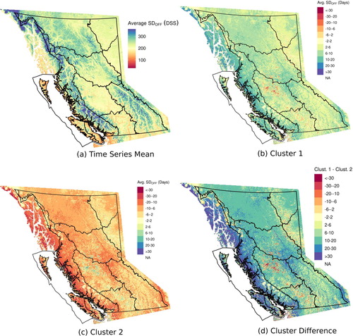 Fig. 4 Difference of SDoff by cluster from the time series average SDoff: (a) (2000–2018), and (d) difference between (b) Cluster 1 mean and (c) Cluster 2 mean SDoff. See Table 1 for corresponding cluster years.