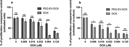 Figure 5. Anti-proliferative effects of PEG-EV-DOX and DOX on B16.F10 cells in monoculture and co-culture with M2 TAM. (a) after 24 h incubation of B16.F10 cells in monoculture with different concentrations of PEG-EV-DOX and DOX; (b) after 24 h incubation of B16.F10 cells in co-culture with M2 TAM with different concentrations of PEG-EV-DOX and DOX. Data represent mean ± SD of triplicate measurements. The unpaired t test was used to compare the effects of PEG-EV-DOX treatment to the effects of the same concentration of free DOX; ns – not significant; P > .05; *, P < .05; **, P < .01; ***, P < .001.