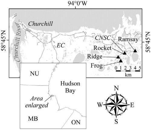 FIGURE 1. Location of the sampling sites southeast of Churchill, Manitoba. The locations of the Environment Canada weather station (EC) and the Churchill Northern Studies Centre (CNSC) are shown by open circles. Site descriptions are given in Table 1.