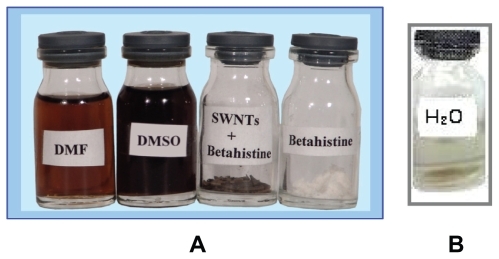 Figure 3 Solubility of grafted SWCNT–betahistine A) in dimethylformamide (DMF) and dimethylsulfoxide (DMSO) and B) in H2O.