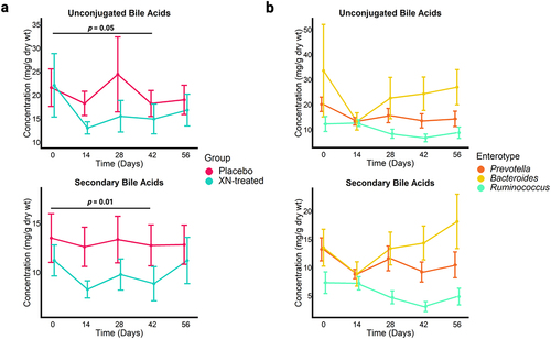 Figure 6. (a) Concentrations of microbially derived bile acids significantly decreased in the XN-treated group at 42 days compared to baseline levels but returned to baseline by study close-out. Each point represents mean concentration by time point and error bars represent SEM. Statistical significance was determined with linear mixed effect regression using the interaction of treatment and time as a fixed effects and each participant as a random effect. Benjamini-Hochberg procedure was used to correct for multiple testing. (b) Statistically significant reduction in microbially derived bile acids in the XN-treated group were specific to Prevotella (n = 4) and Ruminococcus (n = 5) enterotype clusters (unconjugated bile acids, p = .01; secondary bile acids, p = .005). These changes in bile acid composition remained borderline statistically significant for these groups at study close-out (day 56: unconjugated bile acids, p = .06; secondary bile acids, p = .05), but the effect was originally overwhelmed by the variable signal that resulted from including the Bacteroides enterotype (n = 5). Each point represents mean concentration by time point and error bars represent SEM. Statistical significance was determined with linear mixed effect regression using the enterotype cluster and time as a fixed effects and each participant as a random effect. Benjamini-Hochberg procedure was used to correct for multiple testing.