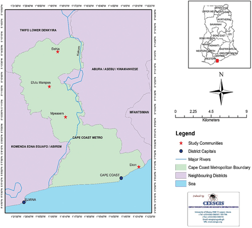 Figure 1. Map of cape coast metropolitan assembly showing study communities.source: centre for remote and geographic information services, 2021.