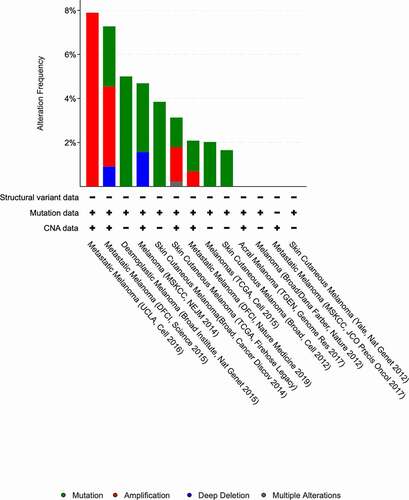 Figure 8. Alteration frequency of SLC16A in melanoma(cBioPortal database): Among the published RNA-sequencing results, several studies have shown that SLC16A1 changes are more frequent in metastatic melanoma (UCLA: 7.8%)