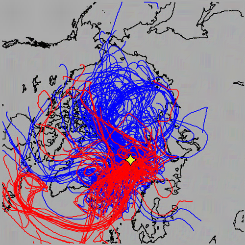 Fig. 6. Ten-day backward trajectories calculated for air parcels released from Ny-Ålesund (yellow star) every 6 h from 9 May to 29 June 2013. Red and blue lines indicate the trajectories for high and low APO, respectively.