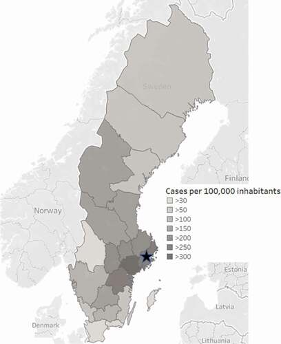 Figure 1. Map of the incidence of laboratory-confirmed COVID-19 cases [Citation25] in Sweden as of April 23 2020, with the location of Stockholm marked with a star.