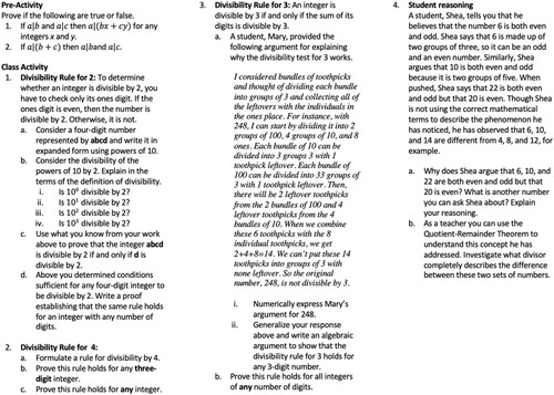 Figure 3. The pre-activity and class activity questions from the foundations of divisibility lesson.