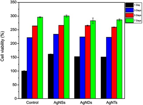 Figure 6 Effect of the Ag NPs with different shapes on the viability of the fibroblast cells via the MTT assay.Abbreviations: Ag NPs, silver nanoparticles; Ag NDs, disk shape; Ag NSs, sphere shape; Ag NTs, triangular plate shape.