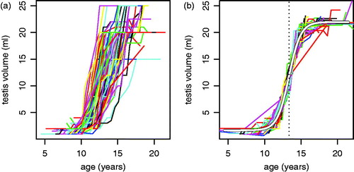 Figure 4. Individual testis volume growth curves for 101 boys, (a) raw and (b) adjusted for timing and intensity with equation (4). In (b) the population mean curve is shown in white and the vertical line indicates mean age at peak testis volume velocity.