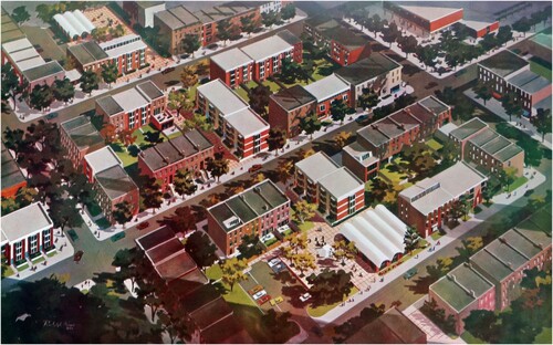 Figure 6. Raymond & May, Vest Pocket Housing in Bedford-Stuyvesant, 1968, full-colour aerial view of proposed new low- and midrise housing, community facilities, and parking. Source: NYHS.