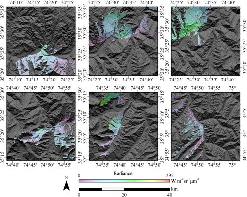 Figure 2. Relatively large terrain source areas for 6 target pixel locations over the Nanga Parbat Massif. The yellow dot in the center of each location is the target pixel. Reflected surface radiance values from the green portion of the spectrum (λ=0.56141 μm) that contribute to the target pixel defines the geographic distribution of terrain source areas.