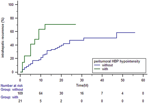 Figure 3 Kaplan–Meier curves showing recurrence-free survival in patients with and without peritumoral hepatobiliary phase hypointensity.