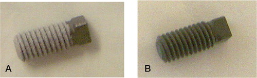 Figure 20. The screwshaped implants used in the second paper. A) HA coating (whitish). B) Bonit®-coated.