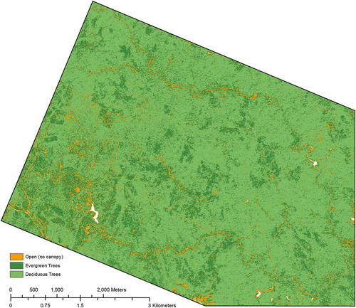Figure A1. Land cover was classified into open areas, evergreen forest and deciduous forest by thresholding NDVI.