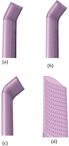Figure 3. Blade winglet configurations, (a) NREL Phase VI blade with winglet length 70.03 mm & cant angle 30° oriented to the suction side, (b) NREL Phase VI blade with winglet length 70.03 mm & cant angle 45° oriented to the suction side, (c) NREL Phase VI blade with winglet length 70.03 & cant angle 60° oriented to the suction side, (d) benchmark NREL Phase VI blade tip region without winglet.