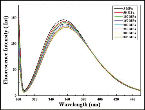Figure 3 Trp fluorescence spectra of oligomeric reduced huPrPC(23–231) recorded at varying pressures and at 298 K.