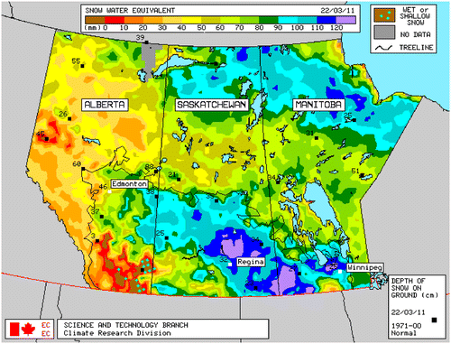 Figure 3. Snow water equivalent (SWE) prior to spring melt in 2011 across the Red River basin [Canadian Cryospheric Information Network (Citation2014); uses information licensed under the Open Government Licence, Canada (http://data.gc.ca/eng/open-government-licence-canada)].