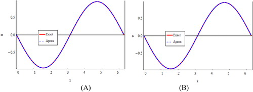 Figure 3. Exact and approximate solutions of uin (A) and vin (B) for k1=−2, k2=1, k3=1,  N=200 and Δt=k=0.001 at t=    0.1.