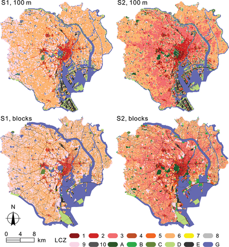 Figure 5. LCZ maps at the 100-m grid-cell and block scales obtained using S1 (original thresholds) and S2 (optimized thresholds). The LCZ class numbers/letters correspond to the classes defined in Figure 2.