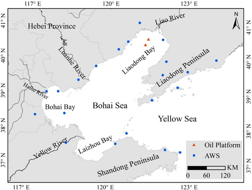 Figure 1. Location of the Bohai Sea and distribution of automatic weather stations.