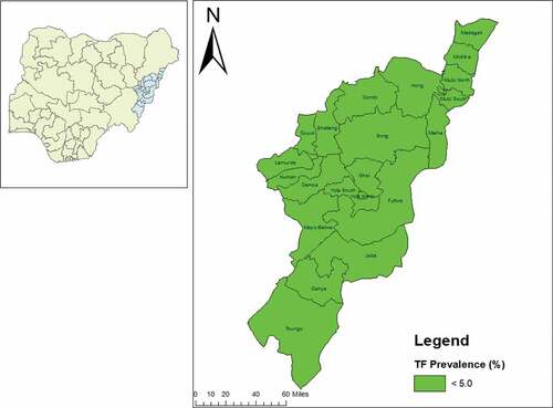 Figure 1. Prevalence of trachomatous inflammation-follicular (TF) in 1–9-year-olds, by Local Government Area, Adamawa State, Nigeria, February 2017–March 2019. The boundaries and names shown and the designations used on this map do not imply the expression of any opinion whatsoever on the part of the authors, or the institutions with which they are affiliated, concerning the legal status of any country, territory, city or area or of its authorities, or concerning the delimitation of its frontiers or boundaries.