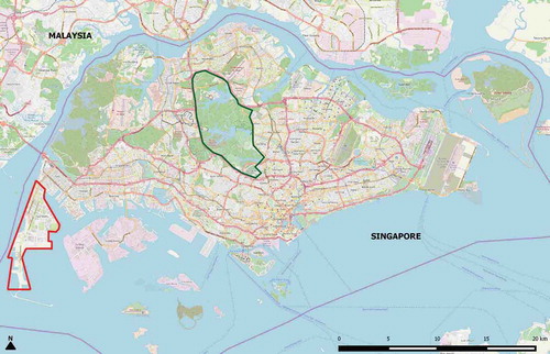 Figure 2. The study area, Singapore (1.3521° N, 103.8198° E), highlighting the study areas selected for this preliminary analysis, Tuas industrial zone (red) and Central Catchment Reserve (green). (Source: Open Street Map, Citation2018).