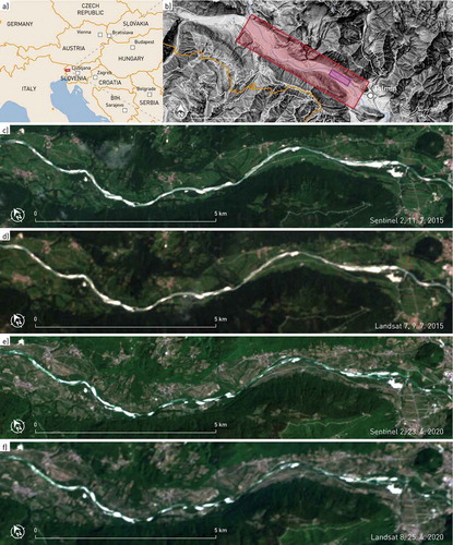 Figure 1. Overview of the study area. a) Location of the study site (red rectangle) in the upper Soča river basin, north-western Slovenia, Central Europe, centred on 46.2° north and 13.6° east (data source: Natural Earth, Citation2020). b) A closer view of the study area. The red rectangle indicates the whole study area while the purple rectangle marks the location of the zoomed-in view in Figure 8 (data source: Surveying and Mapping Authority of the Republic of Slovenia, Citation2016). c) – f) True colour composites of images used in the analysis. Remote sensing system and acquisition date indicated in the lower right