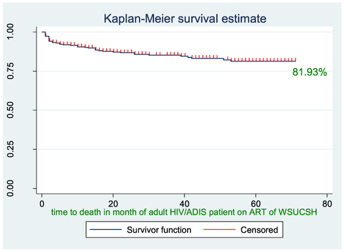 Figure 1 Overall survival probability of HIV/ADIS patients who started antiretroviral therapy at WSUCSH, Southern Ethiopia, 2021.