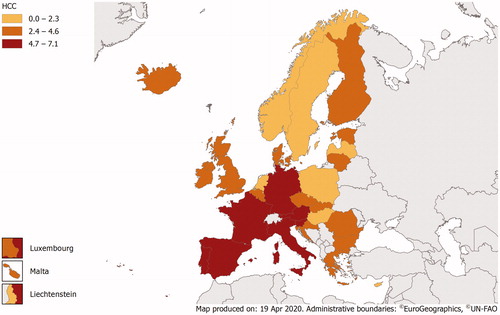 Figure 1. Age-standardised mortality rates per 100,000 population from hepatocellular carcinoma (ICD-10 code C22.0) in the EU/EEA countries in 2015.