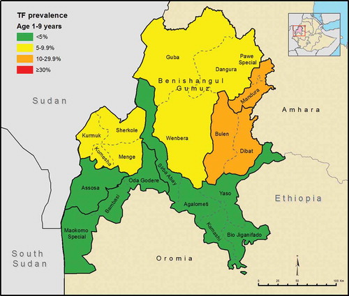 Figure 2. Distribution of trachomatous inflammation – follicular (TF) prevalence in 1–9-year-olds at evaluation unit level, Global Trachoma Mapping Project, Benishangul Gumuz, Ethiopia, 2013–2014.