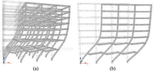 Figure 14. (A) 3D presentation of the regular structure in F12; (b) its plane frame in fundamental mode (T1=1s).