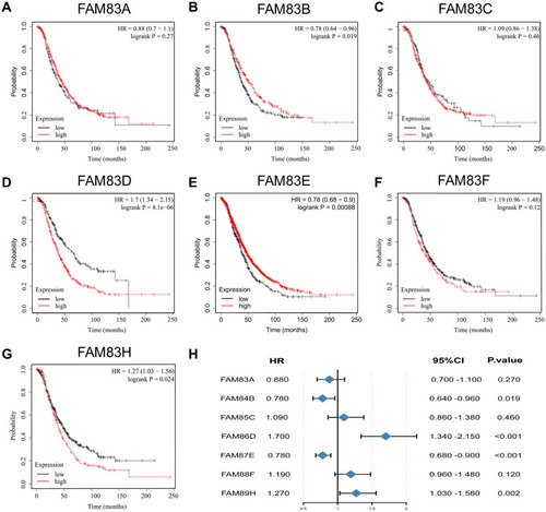 Figure 4 Prognostic value of FAM83s mRNA levels in patients with OC (OS in Kaplan–Meier plotter).