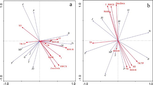 Figure 6. RDA biplot of dominant phytoplankton functional groups and environmental factors. (a) The wet year and (b) the dry year. TN = total nitrogen; NO3-N = nitrate; TP = total phosphorus; NH4-N = ammonia nitrogen; T = water temperature at 0.5 m; RAIN = rainfall; SD = water transparency; N:P = TN/TP.