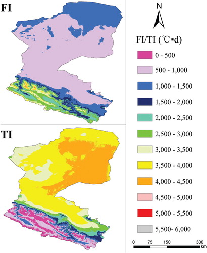 FIGURE 9. Spatial variation of annual air freezing index (FI) and thawing index (TI) in the Heihe River Basin, China.