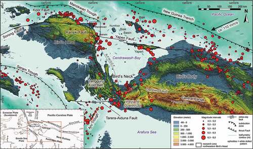 Figure 1. Major structural elements of western New Guinea and distribution of shallow earthquakes (<30 km depth). Tectonic features are shown (after Atmawinata et al. Citation1989; Hartono et al. Citation1989; Ratman et al. Citation1989; Pieters et al. Citation1989; Tobing et al. Citation1990; Baldwin et al. Citation2012; Hall Citation2012; Webb et al. Citation2019, Citation2020a, Citation2020b). Earthquake catalogue from GCMT (www.globalcmt.org) from 25 June 1976 to 1 July 2019. Figure base from the Digital Elevation Model (http://tides.big.go.id/DEMNAS/) and bathymetry from GEBCO (www.gebco.net). Pacific-Australian plate motion vector from DeMets et al. (Citation1994) and Stevens et al. (Citation2002). Dotted line (R.F.W.O.C.F. = Ransiki Fault-Weyland Overthrust connecting fault) is an inferred fault in western Cendrawasih Bay similar to the former suture shown by Dow and Sukamto (Citation1984) and Gold et al. (Citation2017b, figure 1). Inset shows the main plates in the New Guinea eastern Indonesia region.