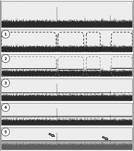 Figure 6. Visual representation of the manual procedure used to identify potential UEs (see text). The horizontal axis represents time and the vertical axis represents the sound level (dB FS).