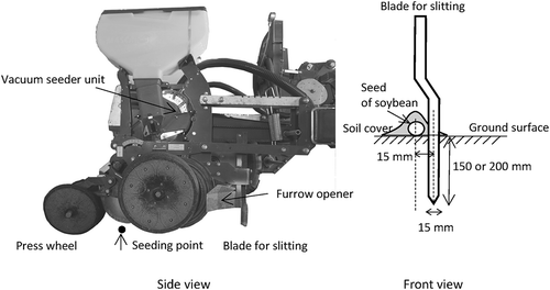 Figure 1. Slit-forming mechanism in a modified vacuum seeder (left) and schematic description of the relationship between line and depth of slits and location of seeds (right).