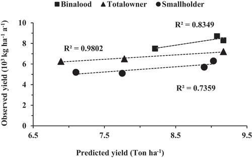 Figure 3. Relationship between the observed yield and predicted yield in the management systems.