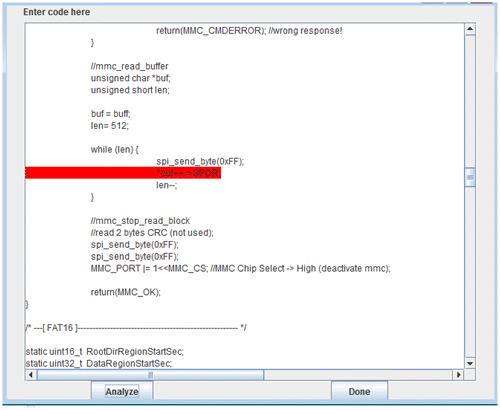 Figure 10. Line 207 flagged as use of uninitialized variable. Variable “SPDR” has not been initialized in every path of the CFG that leads to this line.