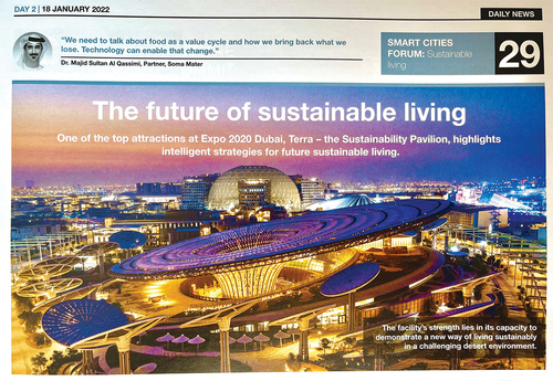 Figure 2. Opening image to an article about the UAE’s sustainability initiatives, featuring a rendering of EXPO 2020ʹs sustainability pavilion. Source: WFES (Citation2022), 10 (author’s photograph, fair use).