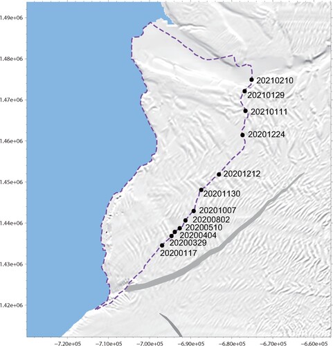 Figure 6. The ice crack growth path obtained from the SCF maps.